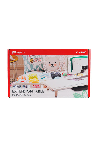 Husqvarna VIKING Table d'extension pour Jade 35 dans son emballage d'origine rouge et blanc complet, avec la table de couture illustrée