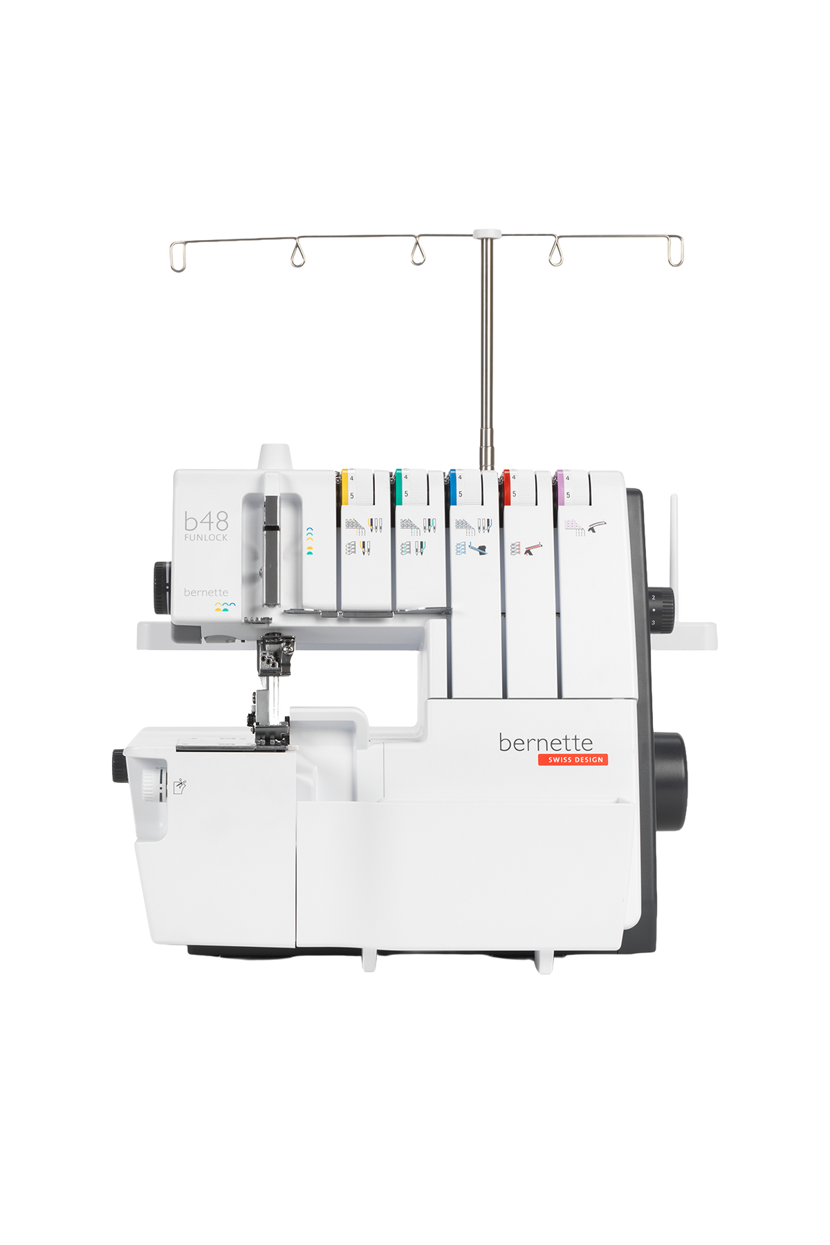 bernette b48 FUNLOCK Overlock/Coverstitch-Combo in gerader Frontansicht, freigestellt ohne Bodenschatten