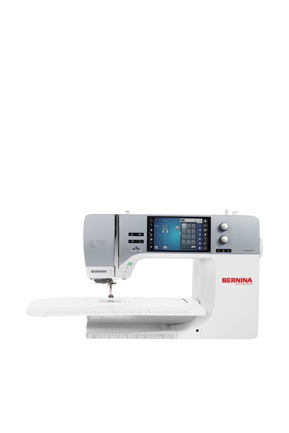 BERNINA B735 PRO naaimachine met aanschuiftafel, recht vooraanzicht op een witte achtergrond
