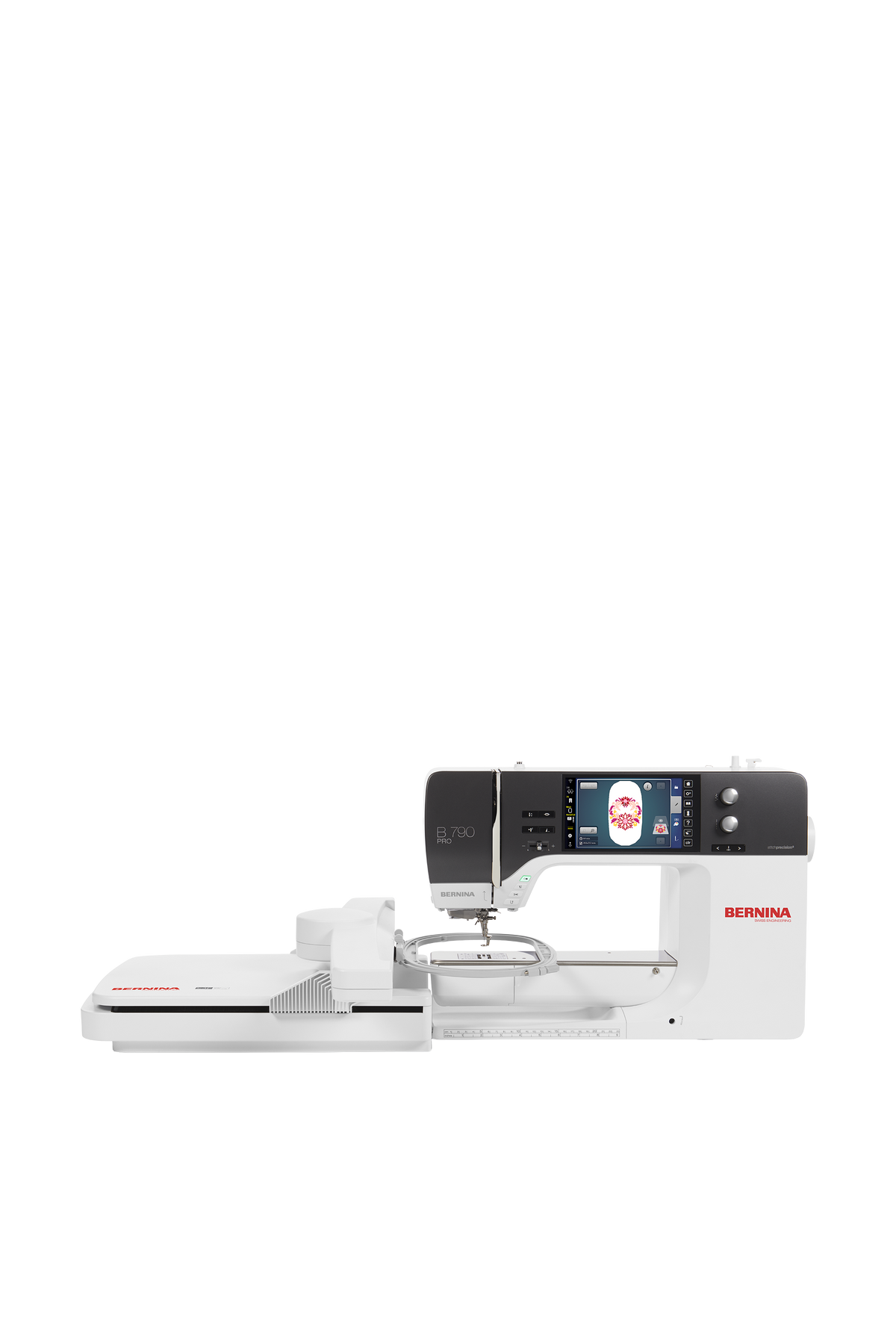 BERNINA B790 PRO (inkl. BSR) mit Stickmodul L (SDT) Näh- & Stickmaschine in gerader Frontansicht ohne Bodenschatten