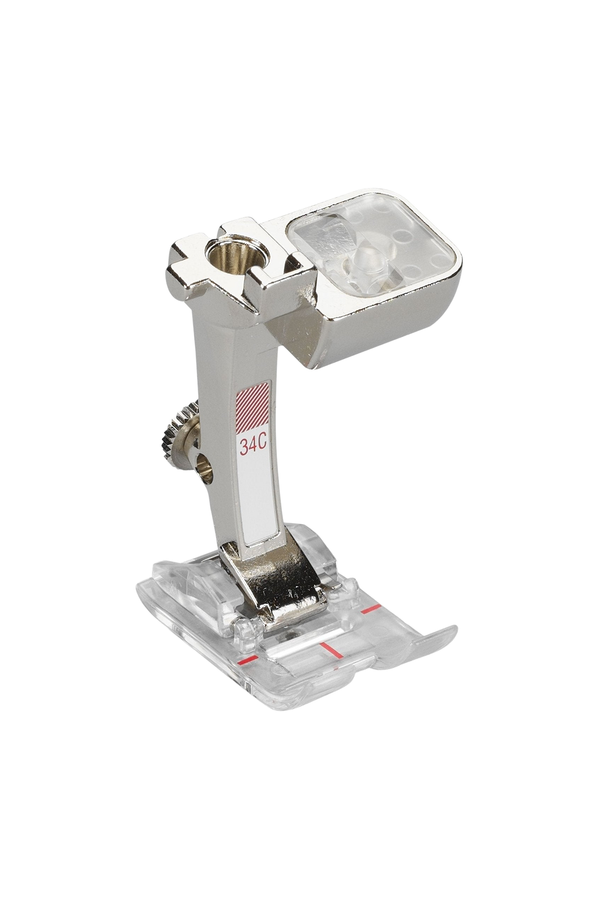 BERNINA Rücktransportfuß mit transparenter Sohle #34C in vollständiger Produktansicht, in Adobe Photoshop freigestellt ohne Schatten
