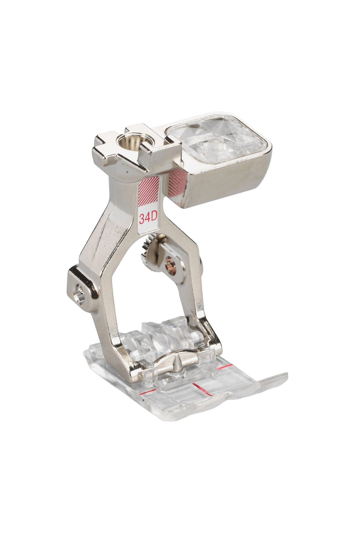 BERNINA Rücktransportfuß mit transparenter Sohle #34D in vollständiger Produktansicht, in Adobe Photoshop freigestellt ohne Schatten