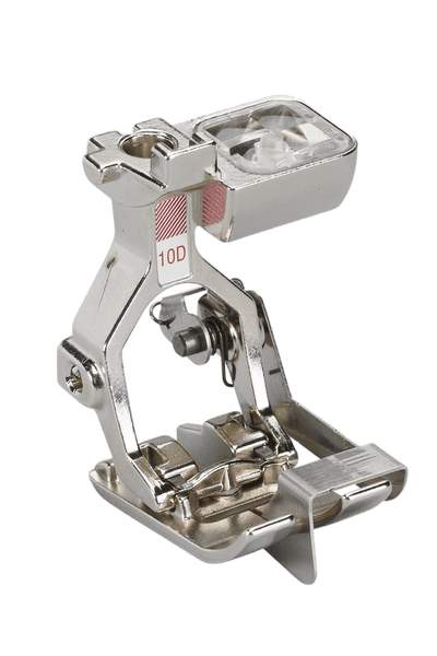 BERNINA Schmalkantfuß #10D aus Metall mit transparenter Führung und roter 10D-Kennzeichnung.