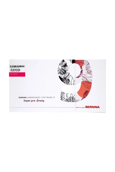 BERNINA V9 Designer Plus Sticksoftware (inkl. WiFi-Gerät) in vollständiger Produktansicht, in Adobe Photoshop freigestellt ohne Schatten