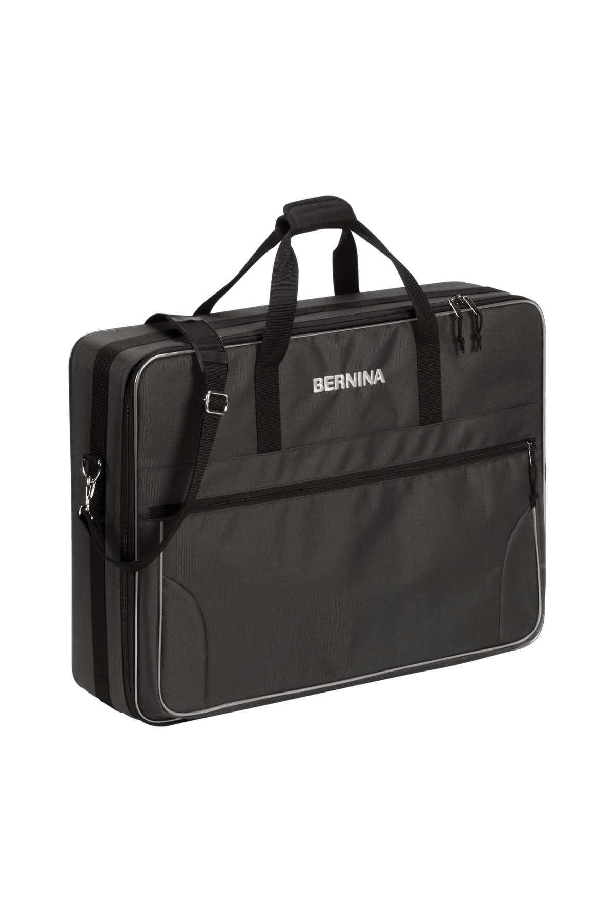Graue BERNINA XL-Stickmodultasche mit Schultergurt und Tragegriffen für kompatible Stickmodule der 7er- und 8er-Serie.