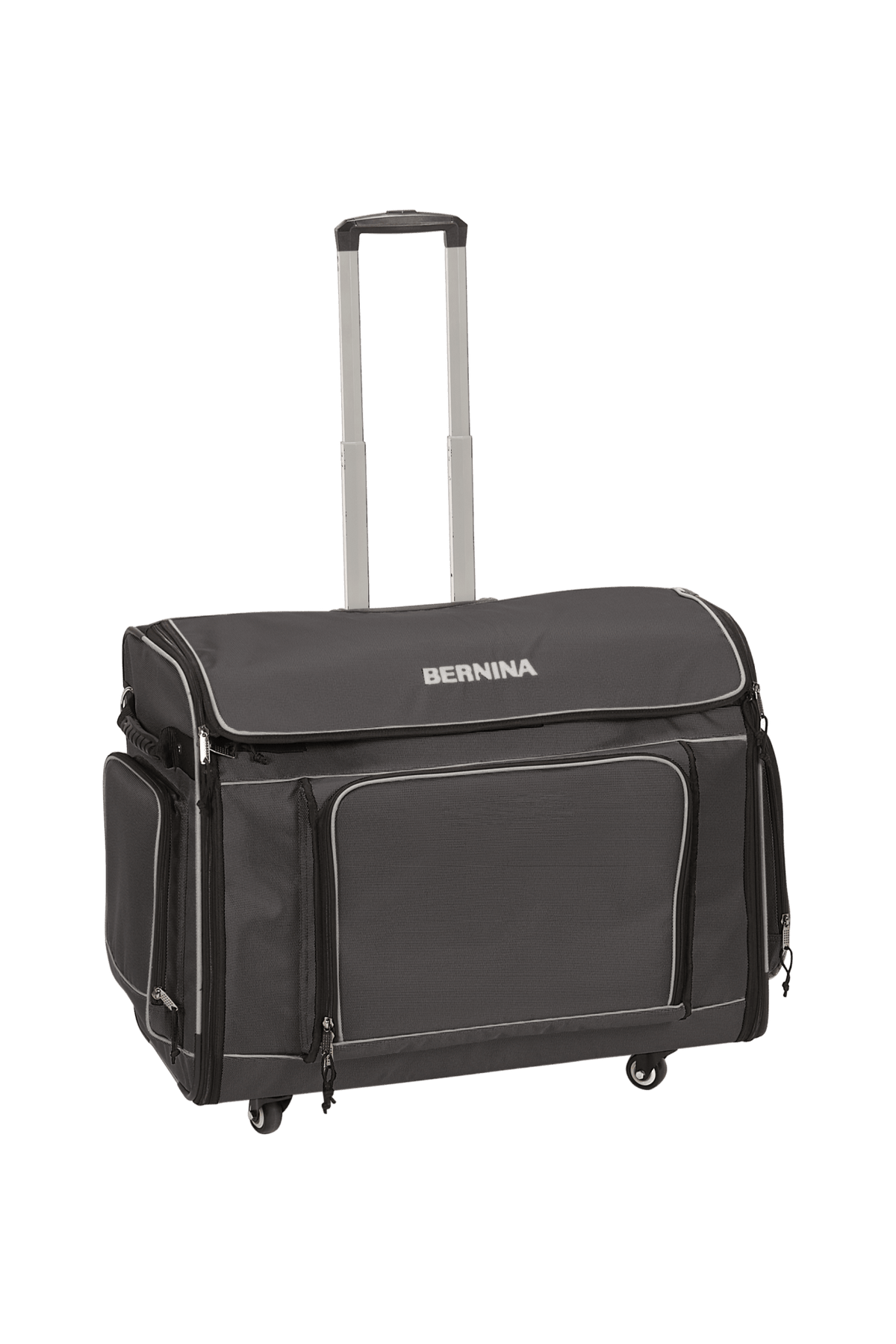 Grauer BERNINA XL-Trolley mit ausgezogenem Teleskopgriff für Maschinen der 7er- und 8er-Serie.