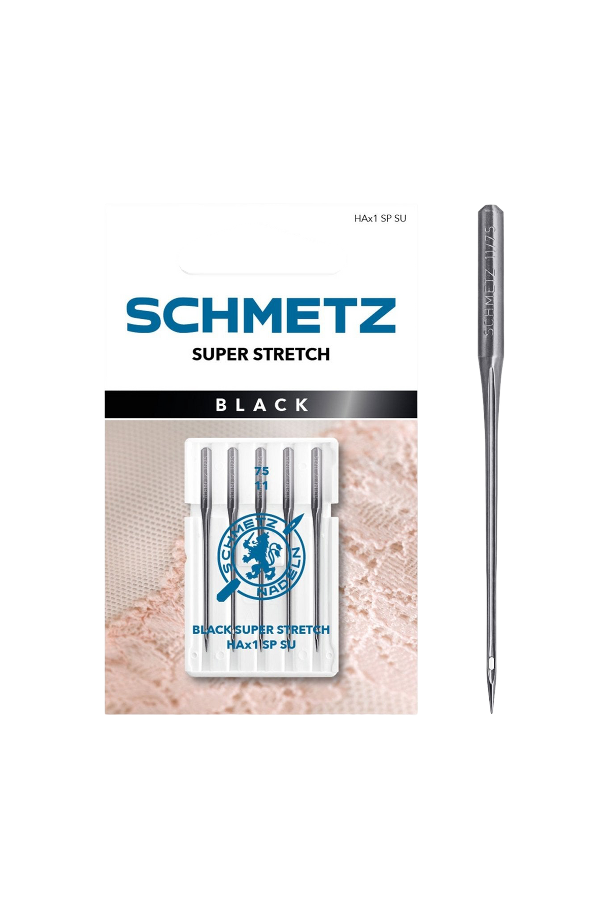 SCHMETZ Black Super Stretch-Nadel 75/11 in vollständiger Frontansicht der Verpackung mit freigestellter Euroloch-Aussparung