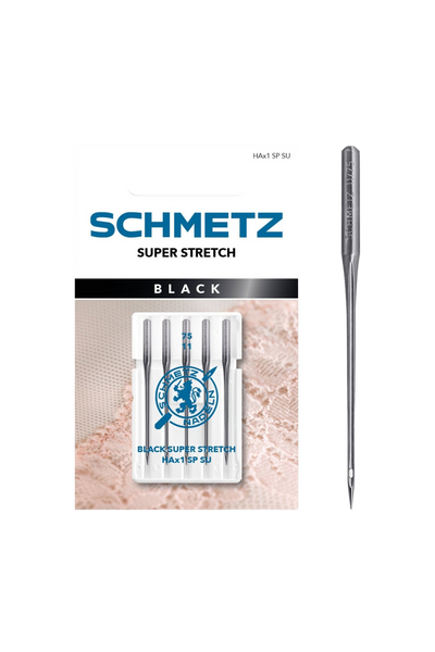 SCHMETZ Black Super Stretch-Nadel 75/11 in vollständiger Frontansicht der Verpackung mit freigestellter Euroloch-Aussparung