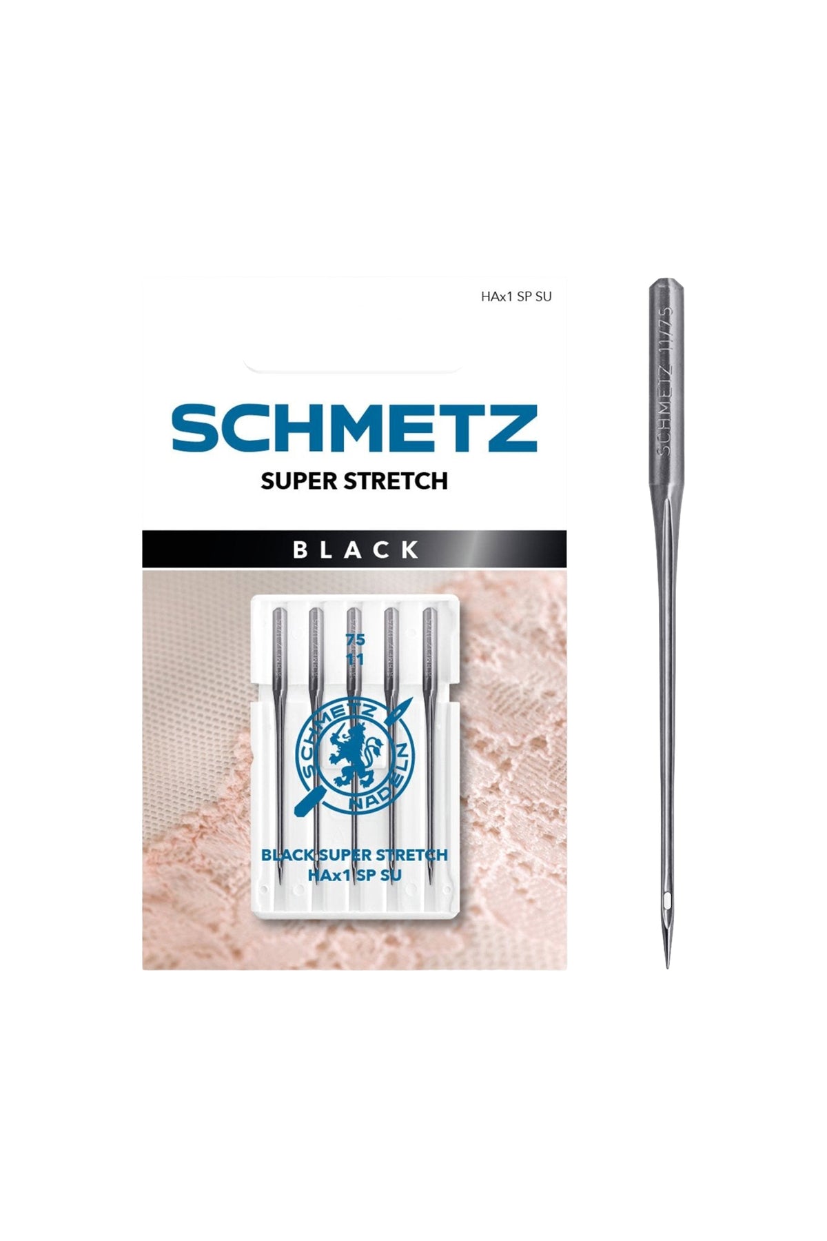 SCHMETZ Black Super Stretch-Nadel 75/11 in vollständiger Frontansicht der Verpackung mit freigestellter Euroloch-Aussparung