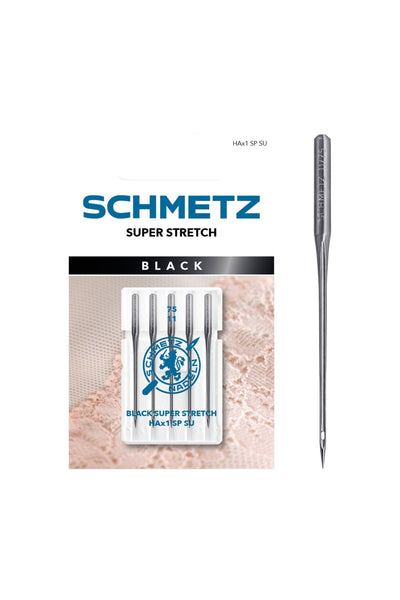 SCHMETZ Aiguille Black Super Stretch 75/11, vue de face complète de l'emballage avec l'encoche Euroloch mise en évidence