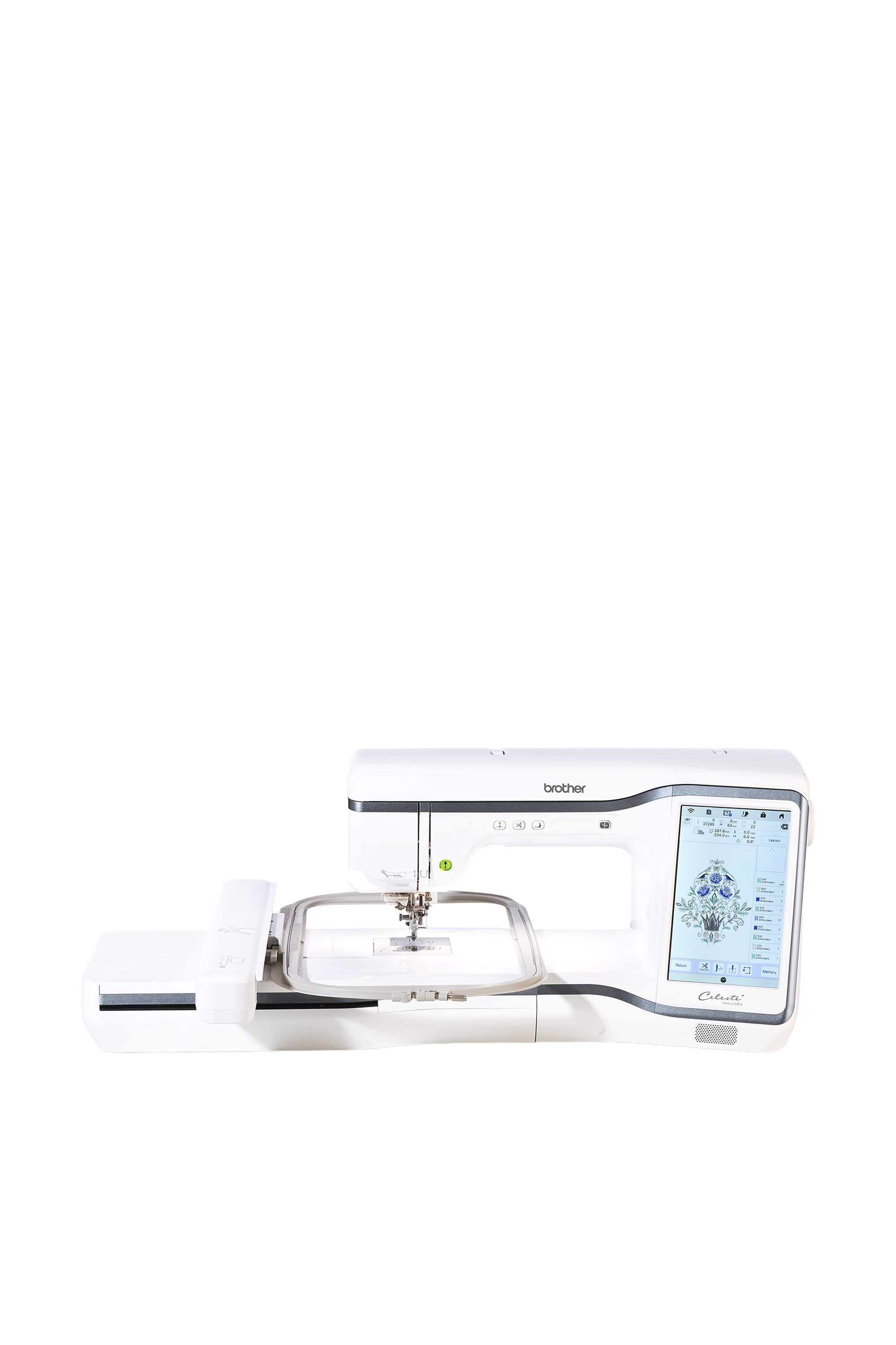 Brother Celeste Innov-is CX1E Stickmaschine in gerader Frontansicht ohne Bodenschatten