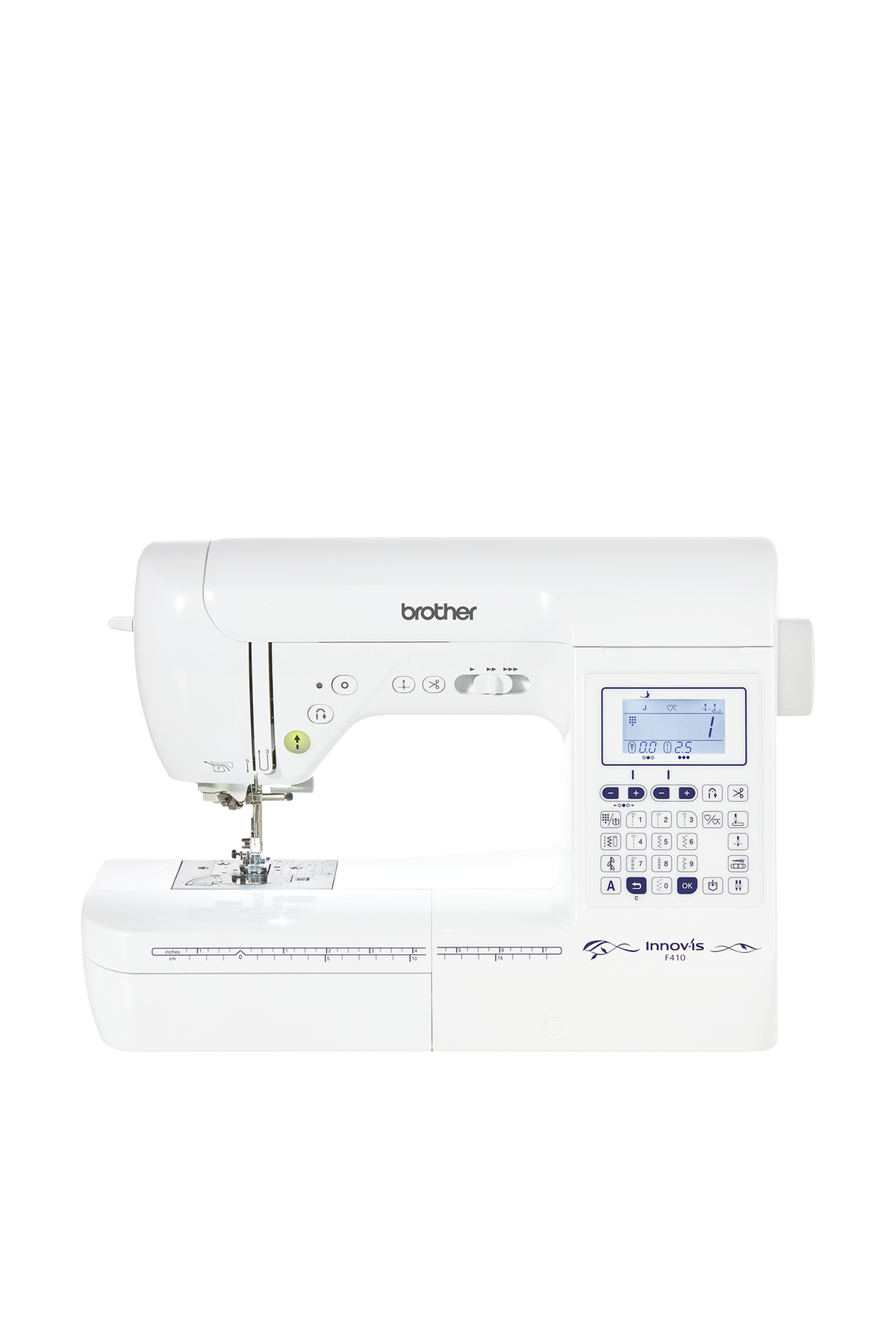 Brother Innov-is F410 Nähmaschine in gerader Frontansicht ohne Bodenschatten