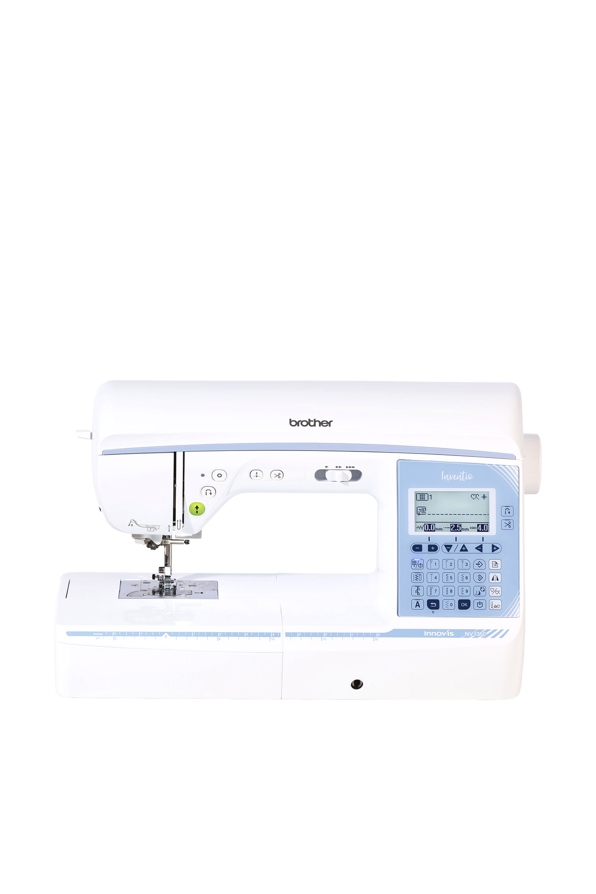 Brother Inventio NV1350 Nähmaschine in gerader Frontansicht, vollständig freigestellt und kontrastoptimiert