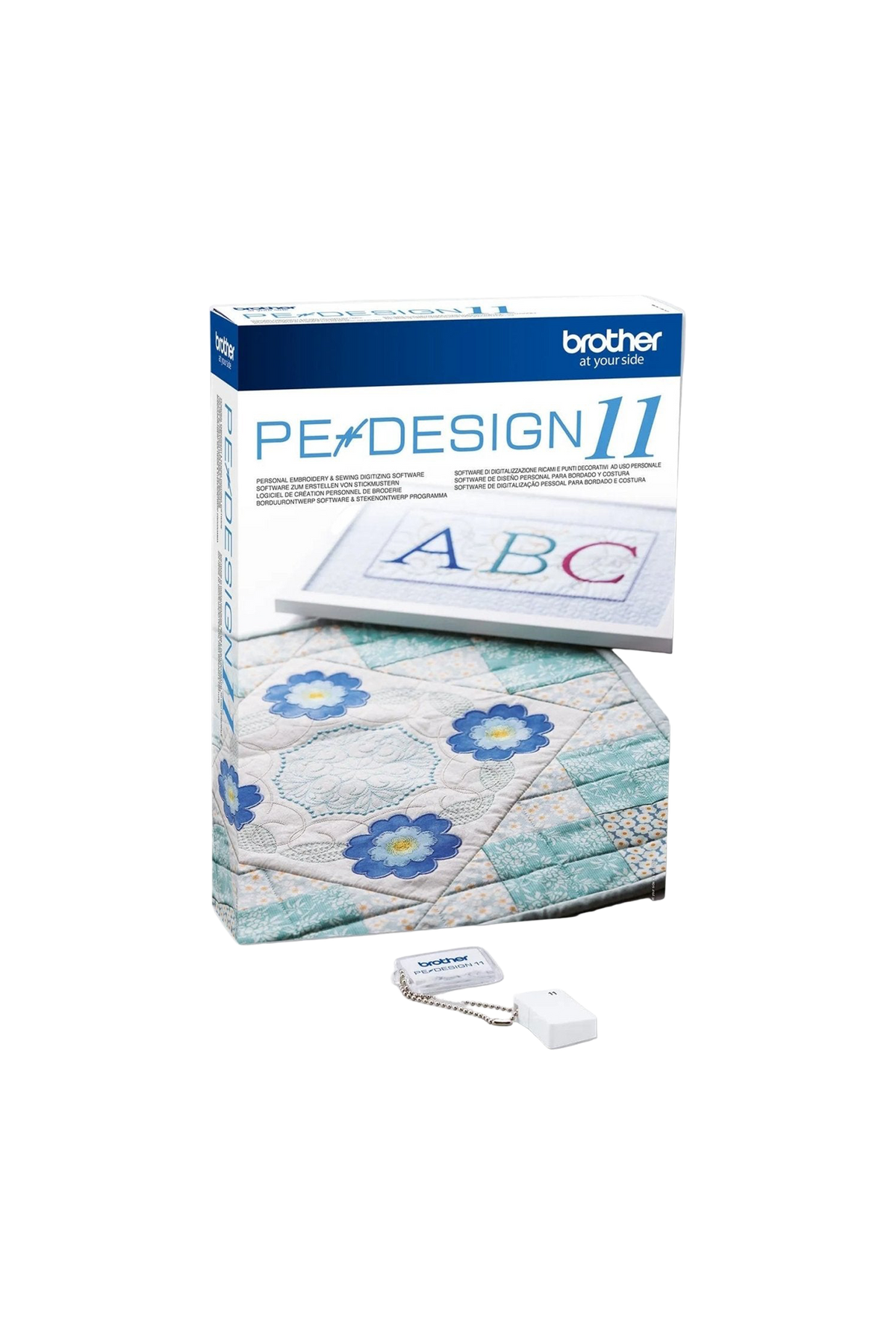 Brother PE Design 11 - Sticksoftware in vollständiger Produktansicht, in Adobe Photoshop freigestellt ohne Schatten