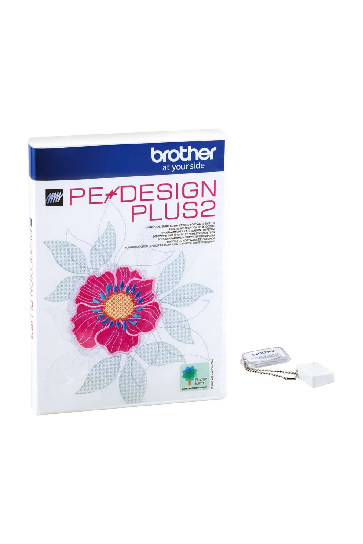 Brother PE Design Plus 2 - Sticksoftware in vollständiger Produktansicht, in Adobe Photoshop freigestellt ohne Schatten