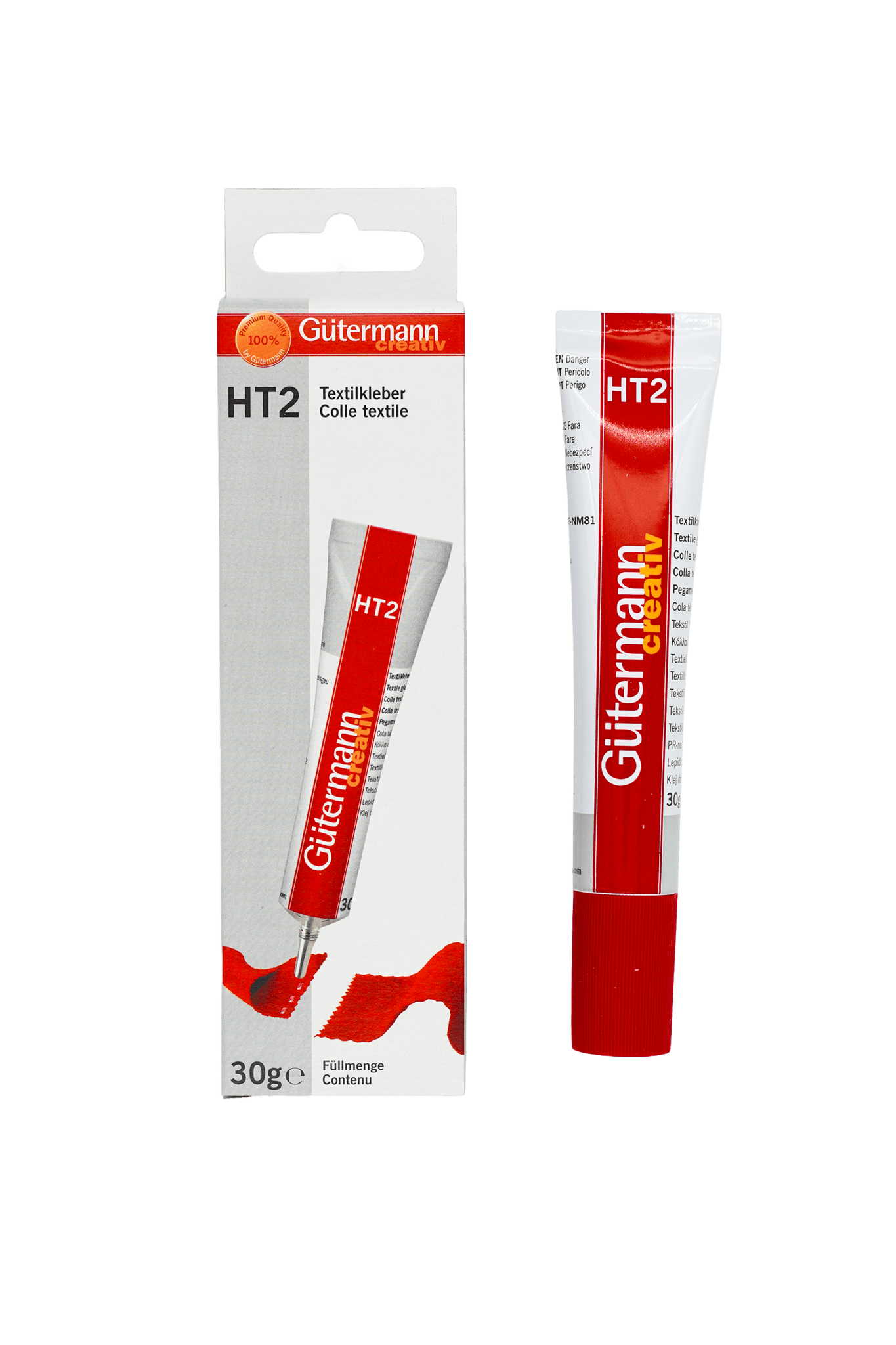 Gütermann Textilkleber HT2 mit 30-g-Tube und Verkaufsverpackung