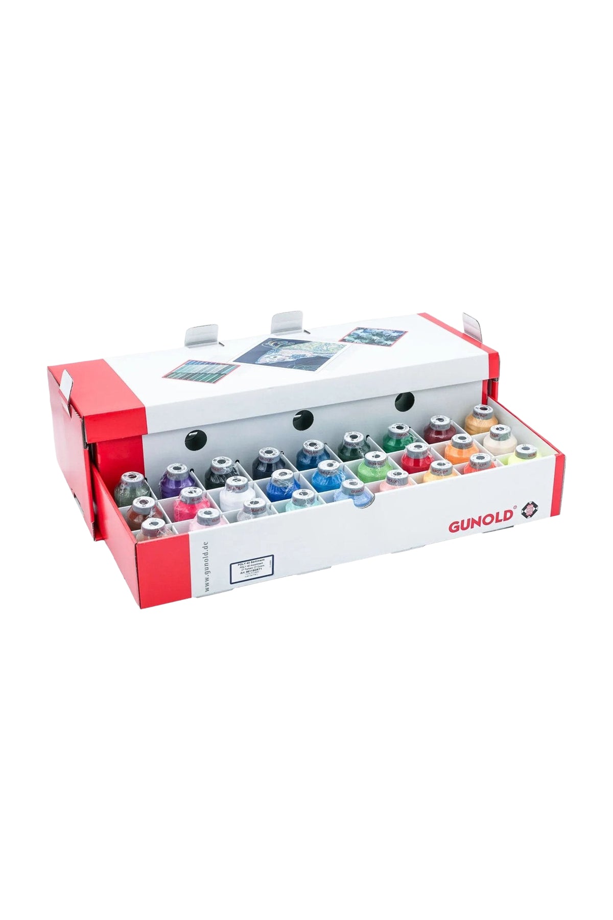 Boîte d'assortiment Gunold Poly 40 ouverte, contenant 27 cônes de fil à broder colorés
