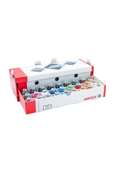Geöffnete Gunold Poly 40 Sortimentbox mit 27 farbigen Stickgarnkonen