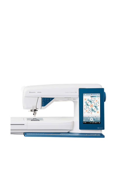 Husqvarna VIKING™ Designer Sapphire 85 with embroidery unit, shown in a straight front view, isolated without a drop shadow