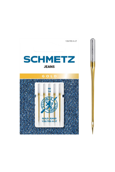 Schmetz Jeans GOLD / System 130 / 705 H-JT in vollständiger Frontansicht der Verpackung mit freigestellter Euroloch-Aussparung
