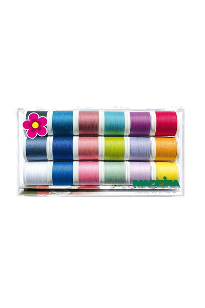 Madeira Aerofil 120 Clear Box – 18×400 m bunte Polyester-Corespun-Garn, vue du produit