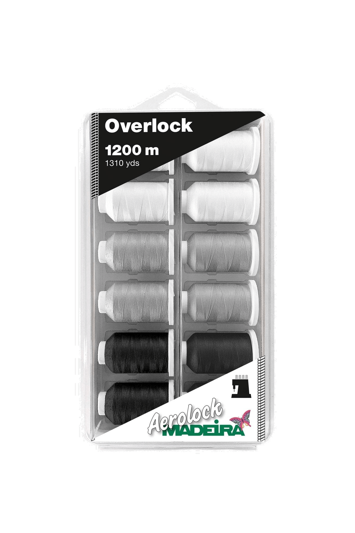 Madeira Aerolock 125 Blisterbox – 12 × 1200 m Overlockgarn, Schwarz, Grau & Weiß in Produktansicht