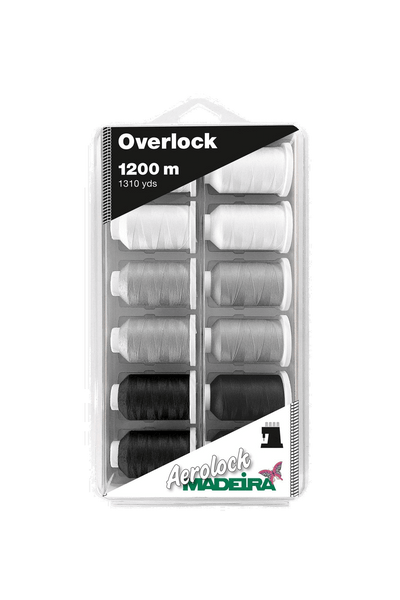 Madeira Aerolock 125 Blisterbox – 12 × 1200 m Overlockgarn, Schwarz, Grau & Weiß in Produktansicht