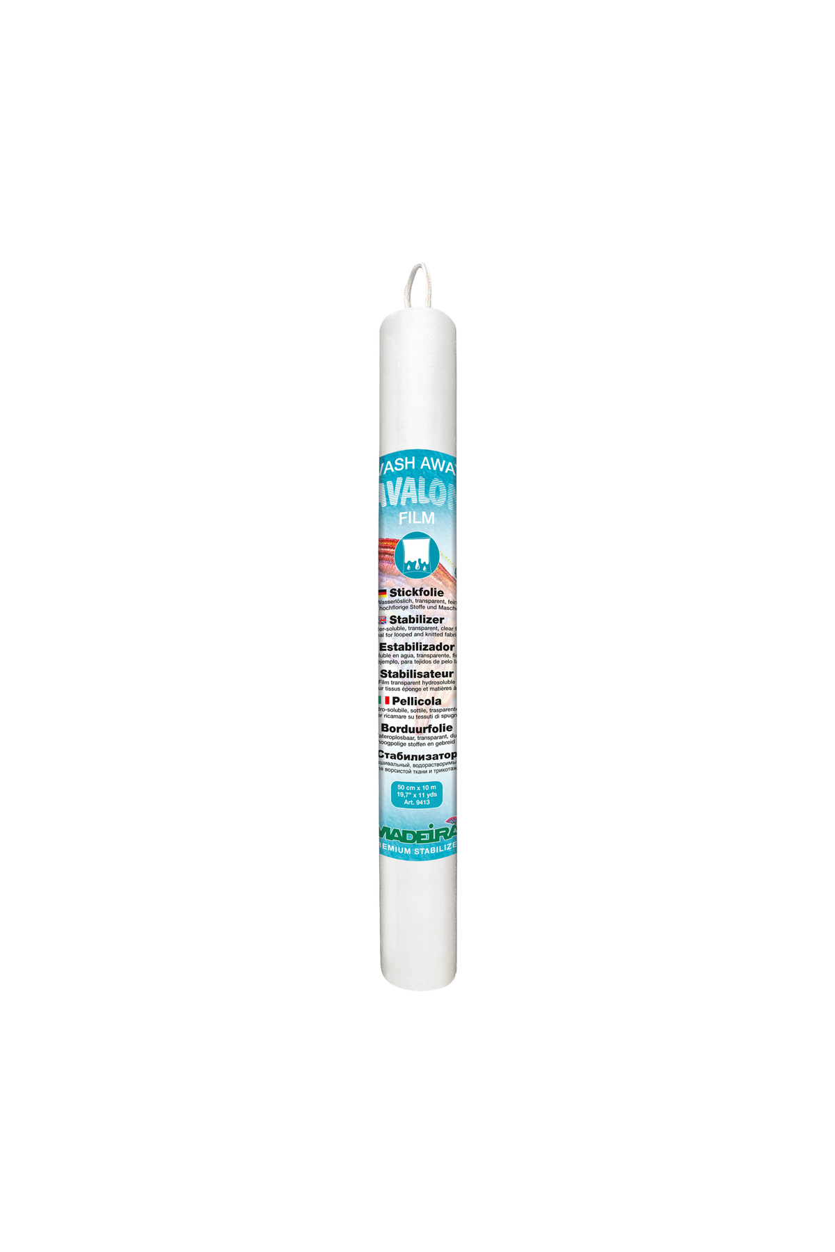 Madeira Avalon Film Stickfolie 9413 als vollständige Rolle mit türkisfarbenem Etikett und Aufhängeschlaufe, 50 cm × 10 m