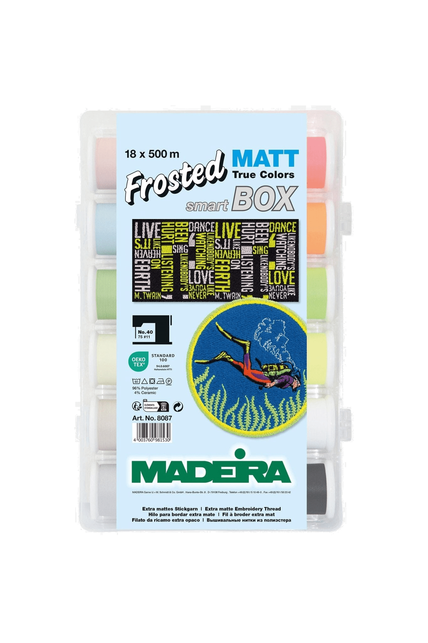 Madeira Frosted Matt Smartbox – 18×500 m Stickgarn No. 40 inkl. Nadeln in product view