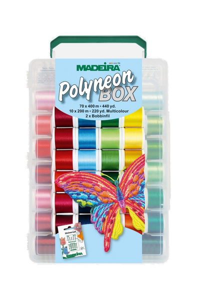 Madeira Polyneon No. 40 Softbox 8085 – 82 Spulen Maschinenstickgarn, vue du produit