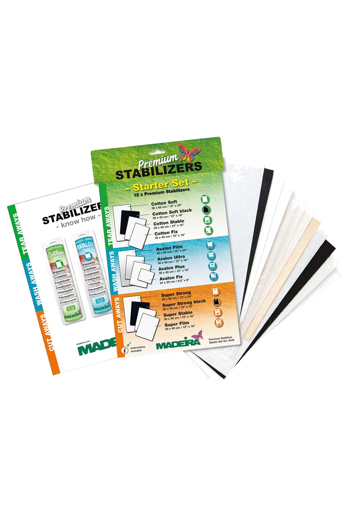 Madeira Premium Stabilizer Starter Set – 12 hochwertige Vlies‑Proben, vue du produit