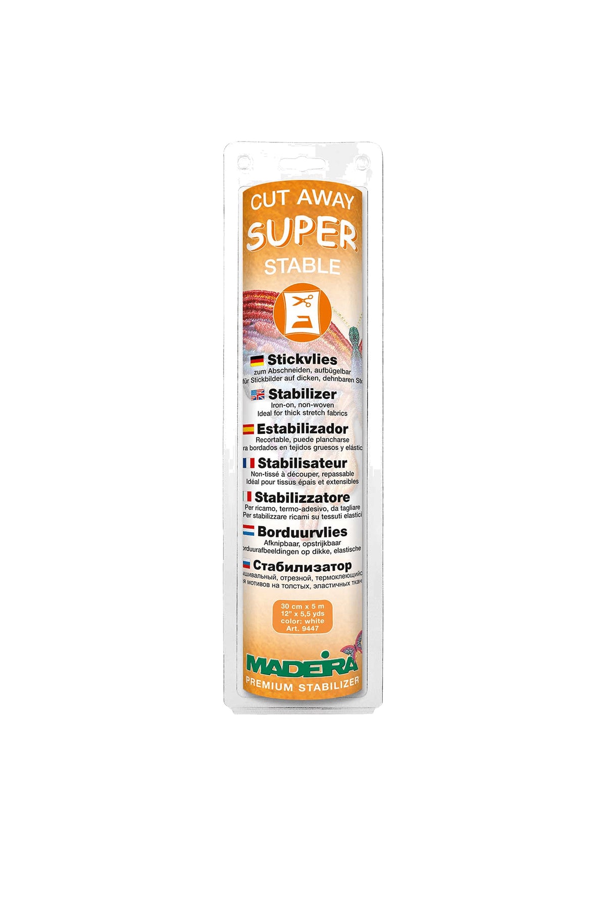 Madeira Super Stable Cut‑Away (9447) – schweres, aufbügelbares Stickvlies in Produktansicht