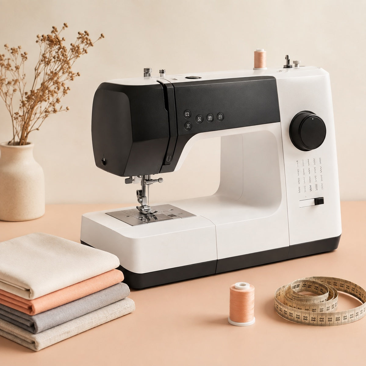 Markenneutrale Nähmaschine mit Stoffen, Garn und Maßband für den Make ma! Nähmaschinenberater