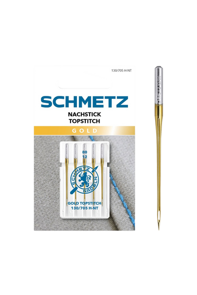 SCHMETZ Gold Nachstick-Nadel 80/12 in vollständiger Frontansicht der Verpackung mit freigestellter Euroloch-Aussparung