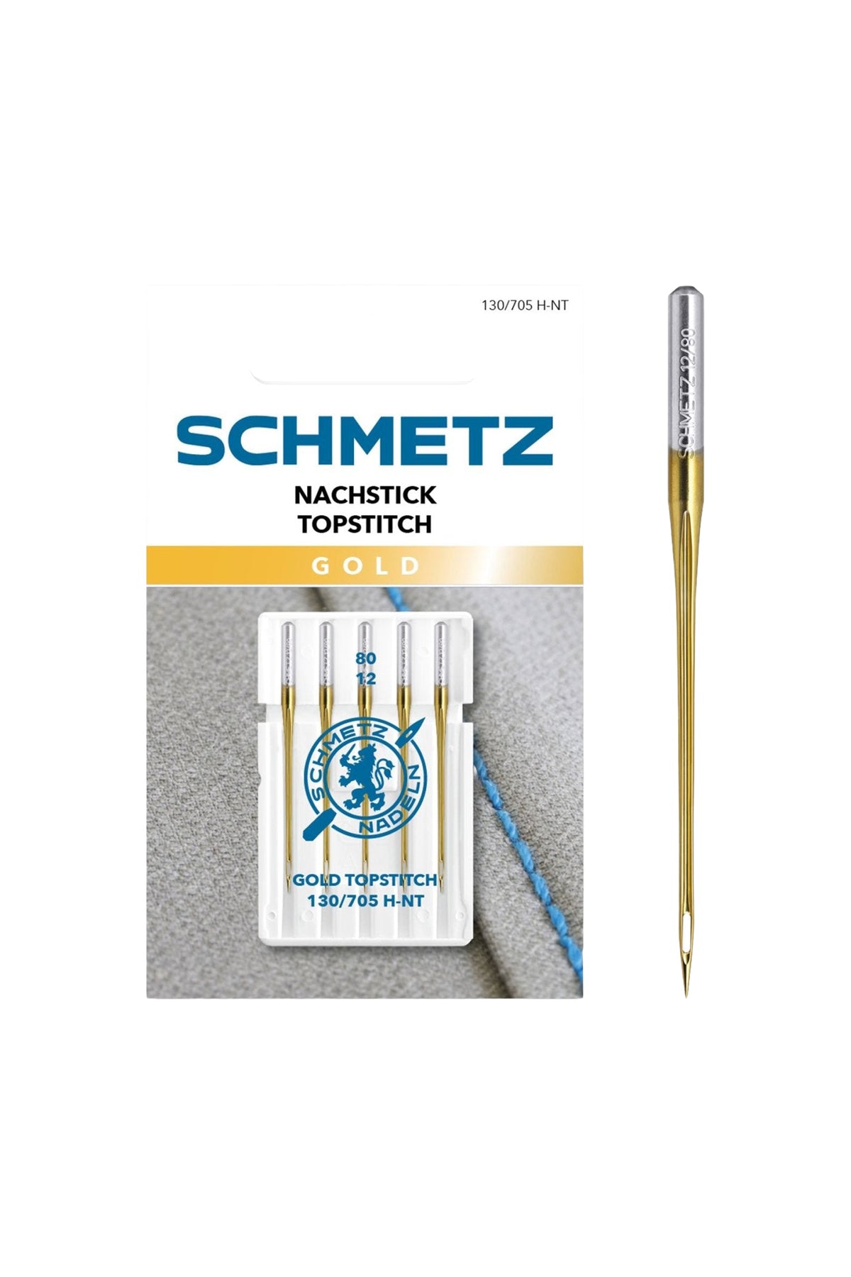SCHMETZ Gold Nachstick-Nadel 80/12 in vollständiger Frontansicht der Verpackung mit freigestellter Euroloch-Aussparung