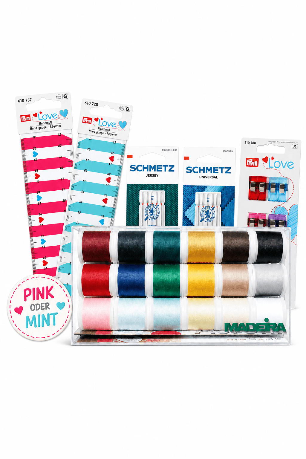Näh-Starter-Set mit Madeira Aerofil Garnbox, SCHMETZ Nadeln, PRYM Stoffclips und Handmaß in Pink oder Mint.