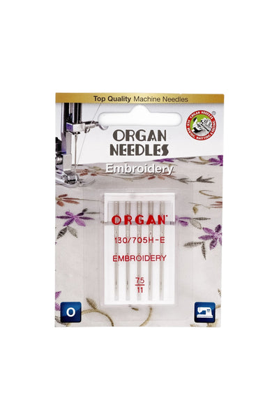Organ Needle Embroidery needles, size 75 / System 130/705H, full product view, cropped in Adobe Photoshop without shadows