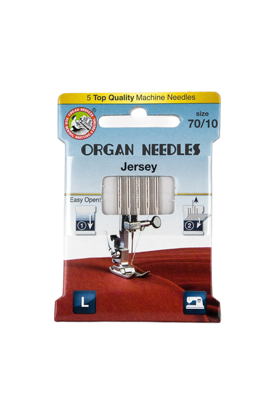 Organ Needle Jersey-Nadeln Stärke 70 / System 130/705H in vollständiger Produktansicht, in Adobe Photoshop freigestellt ohne Schatten