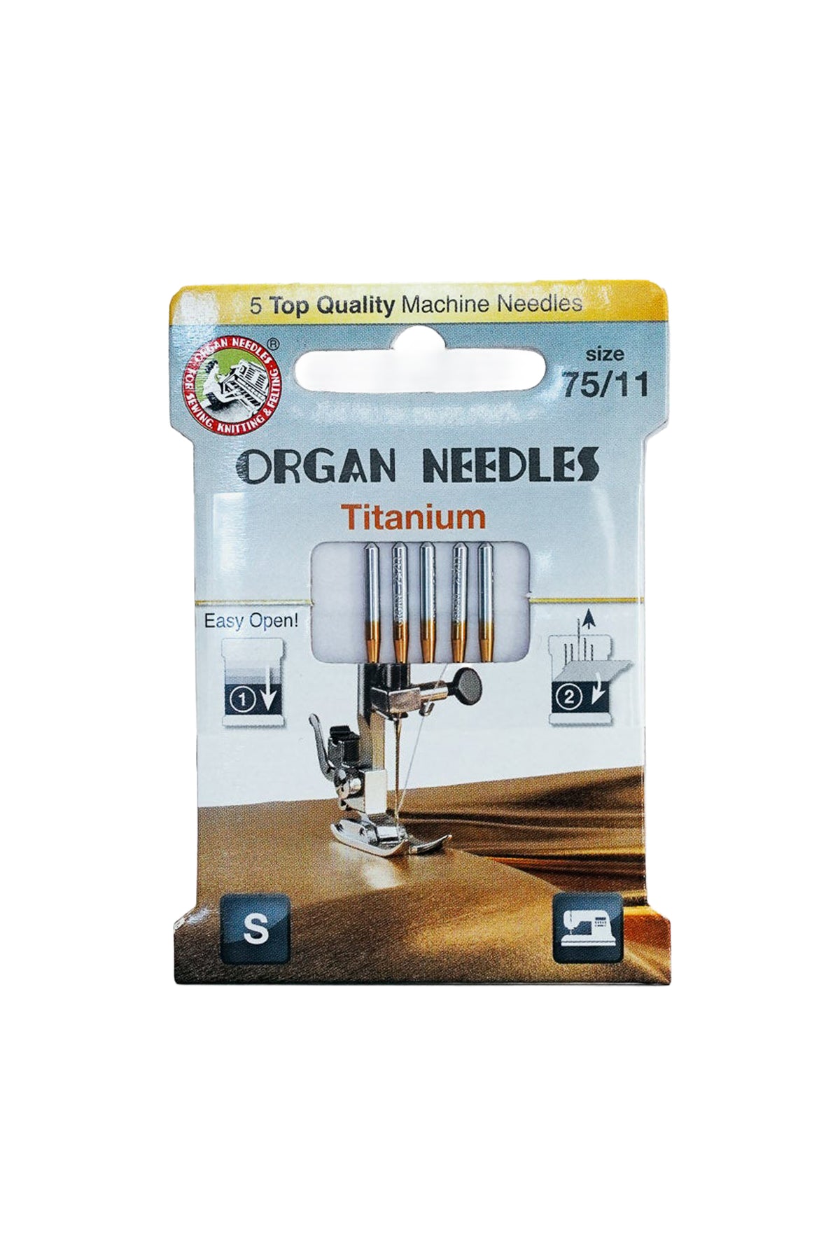 Organ Needle Titanium-Nadeln Stärke 75 / System 130/705H in vollständiger Produktansicht, in Adobe Photoshop freigestellt ohne Schatten