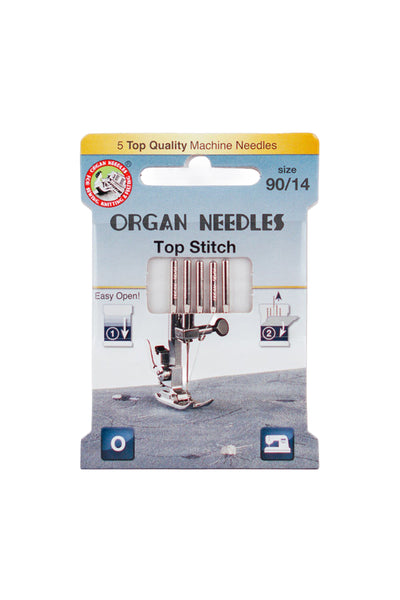 Organ Needle Top-Stitch needle, size 90 / System 130/705 H, in a full product view, cropped in Adobe Photoshop without shadows