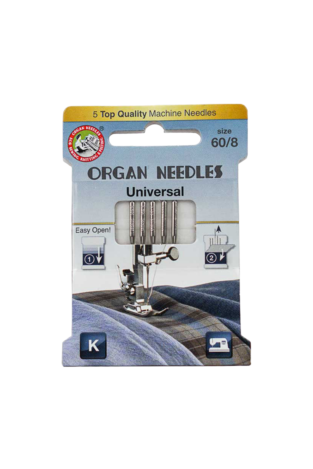 Organ Needle -Nadeln Stärke 60 / System 130/705H in vollständiger Produktansicht, in Adobe Photoshop freigestellt ohne Schatten
