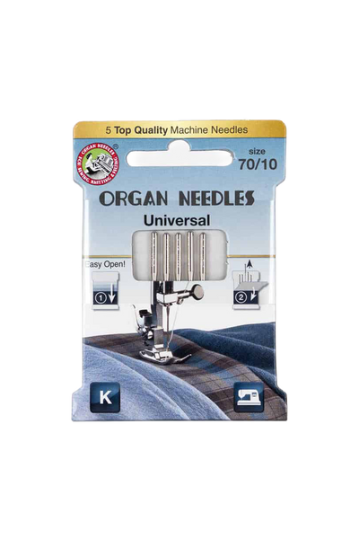 Organ Needle Universal-Nadeln Stärke 70 / System 130/705H in vollständiger Produktansicht, in Adobe Photoshop freigestellt ohne Schatten