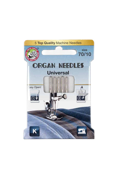 Organ Needle Universal Needles, Size 70 / System 130/705H, full product view, cropped in Adobe Photoshop with no shadows