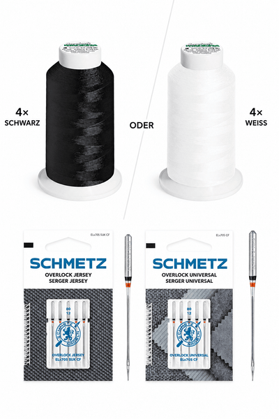 Overlock-Starter-Set mit vier Madeira Aerolock Garnkonen in Schwarz oder Weiß und zwei SCHMETZ Nadelsets.