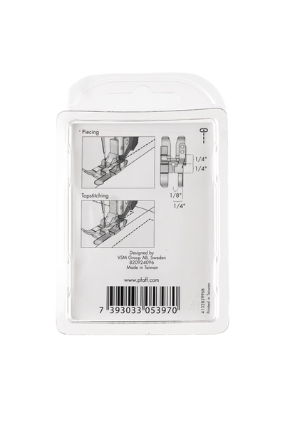 PFAFF 1/4″-Patchworkfuß mit Kantenführung für IDT™ in vollständiger Produktansicht, in Adobe Photoshop freigestellt ohne Schatten