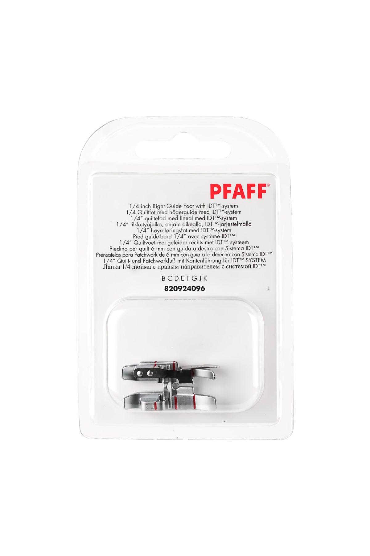 PFAFF 1/4″-patchworkfod med kantstyring til IDT™ i originalemballage set forfra