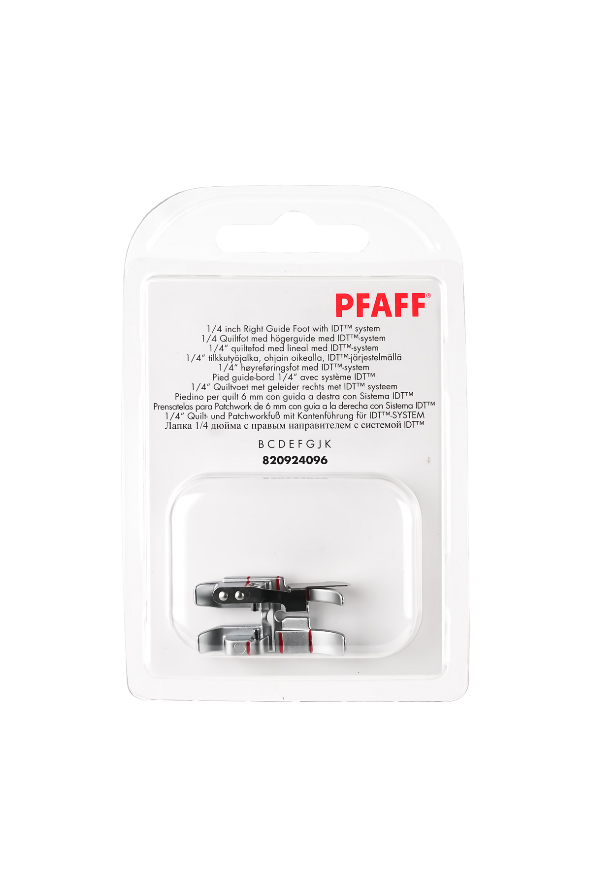 PFAFF 1/4″-Patchworkfuß mit Kantenführung für IDT™ in Originalverpackung von vorne