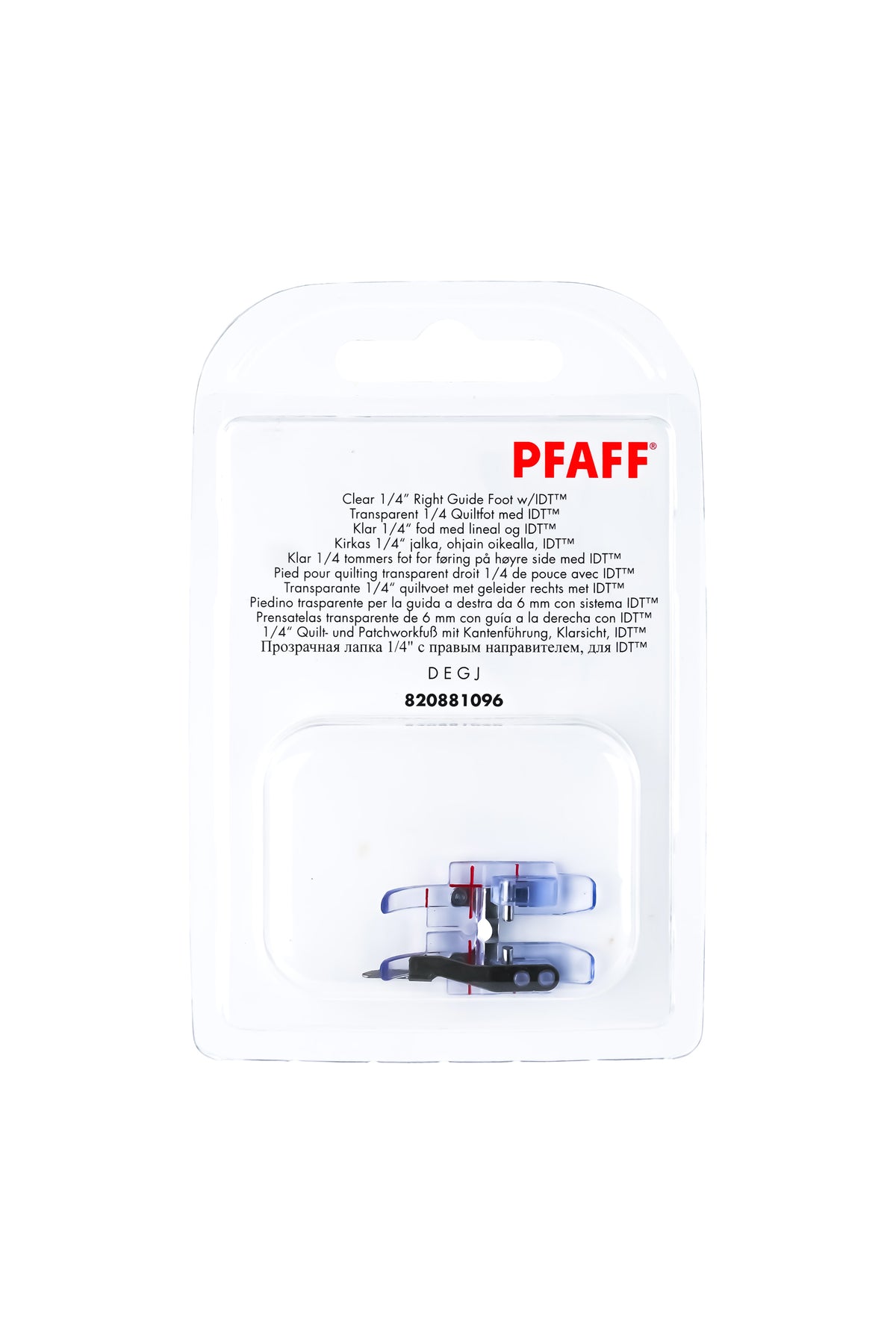 PFAFF 1/4″ transparent patchwork foot with guide, in its original packaging, with the presser foot visible from the front