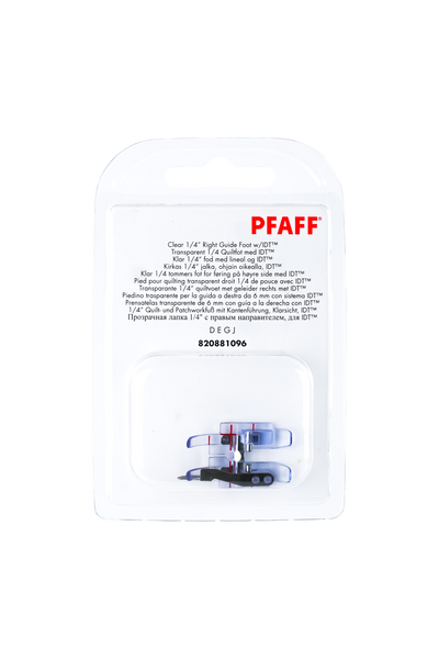 PFAFF 1/4″-Patchworkfuß Klarsicht mit Führung in vollständiger Originalverpackung von vorne mit sichtbarem Nähfuß