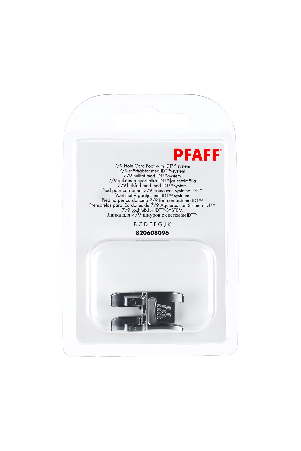 PFAFF 7/9 Lochfuß für IDT-System J K L in vollständiger Originalverpackung von vorne mit sichtbarem Nähfuß